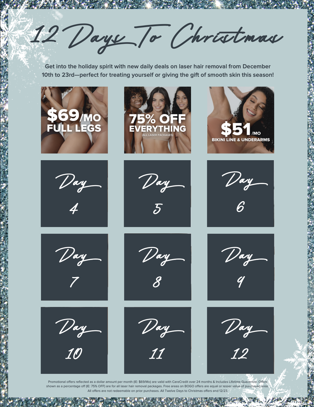 12 Days to Christmas holiday promotion with a festive snowflake border and a calendar layout showcasing daily deals on laser hair removal from December 10th to 23rd.