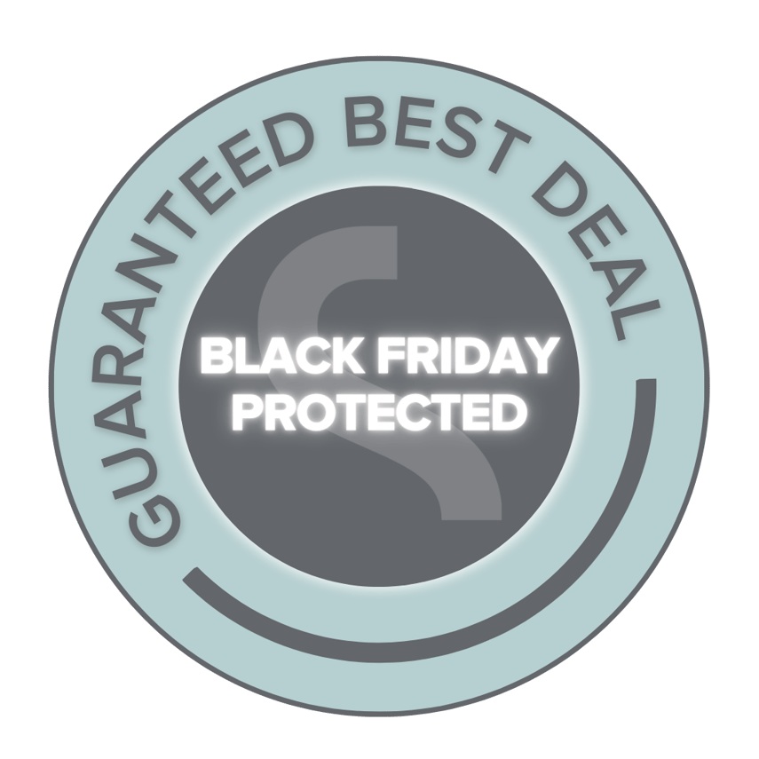 Badge design with the text ‘GUARANTEED BEST DEAL’ circling the outer edge and ‘BLACK FRIDAY PROTECTED’ in bold, illuminated lettering in the center. The badge features a soft blue outer ring and a dark gray inner circle, with a stylized ‘S’ logo faintly visible in the background.